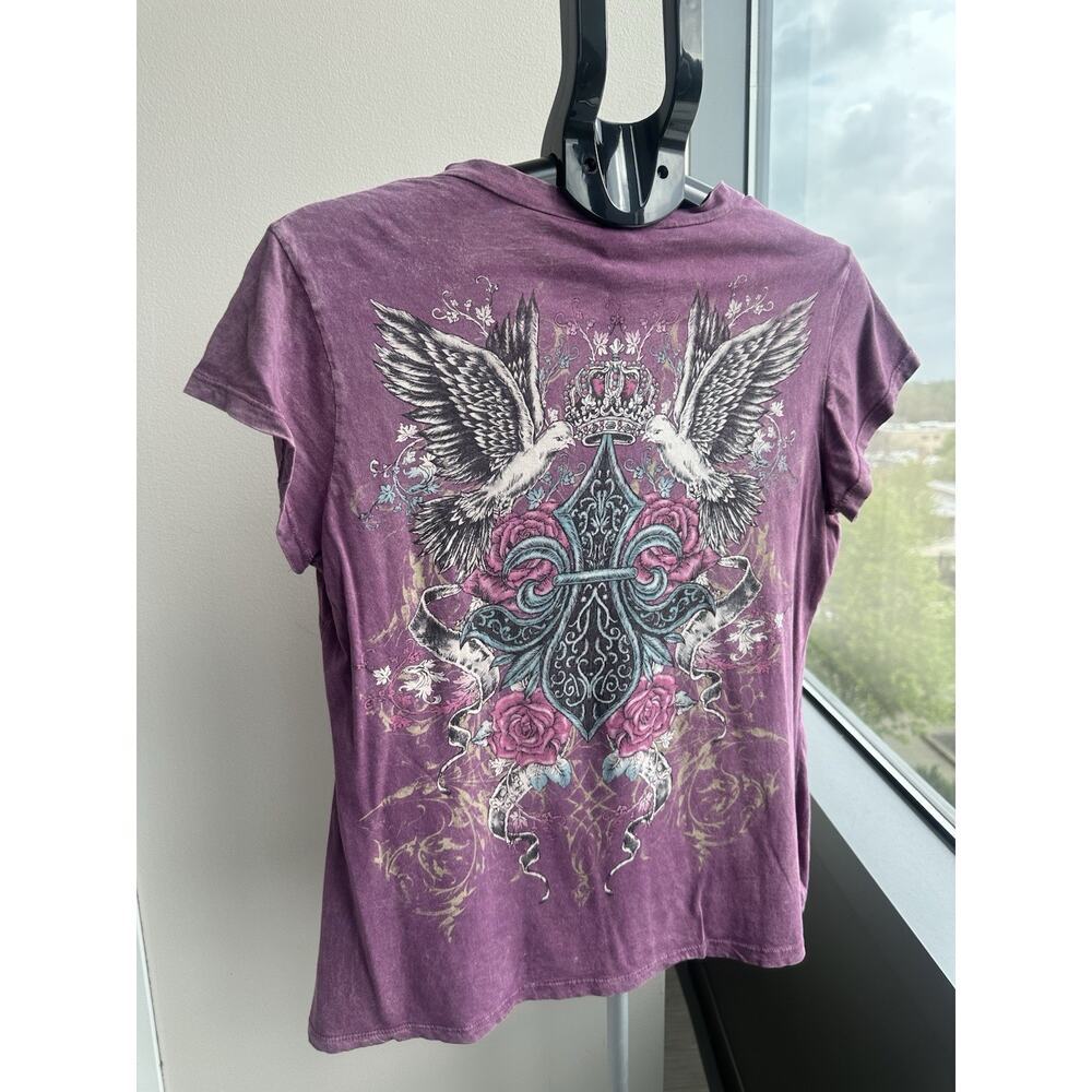 Purple cotton y2k grunge style graphic tee Floral V-Neck XL - Picture 3 of 7